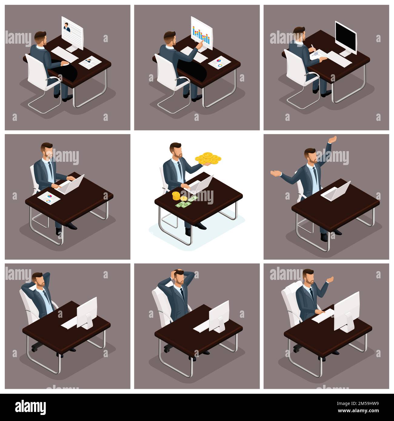 Vecteur de personnes isométriques tendance, 3D hommes d'affaires travail de bureau, scène d'affaires liée au jeune homme d'affaires, concept d'un homme d'affaires travaillant à une table o Illustration de Vecteur
