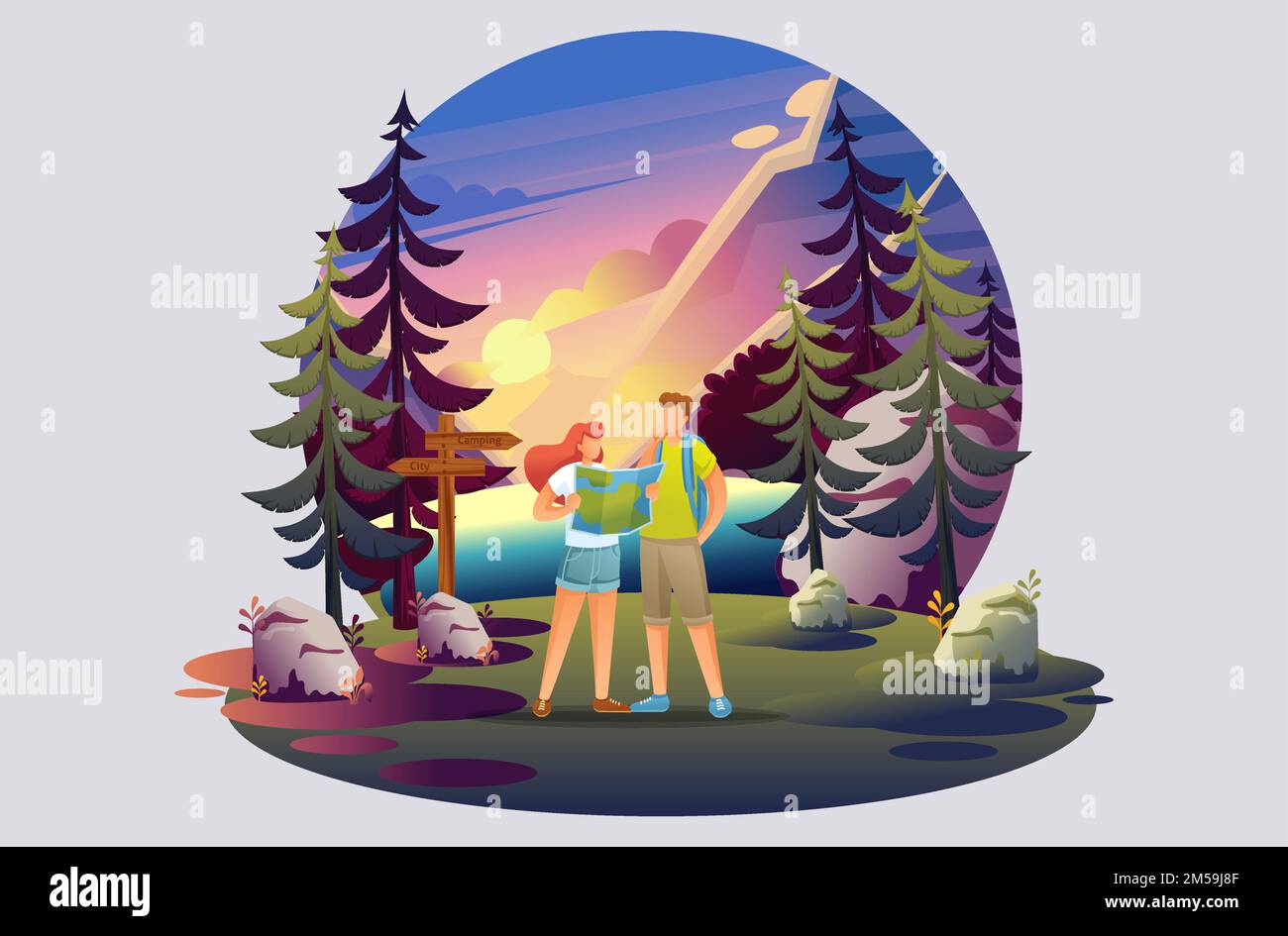 Illustration lumineuse d'un camping, jeunes étudiant une carte de la forêt. 2D caractères plats. Concept de conception Web. Illustration de Vecteur