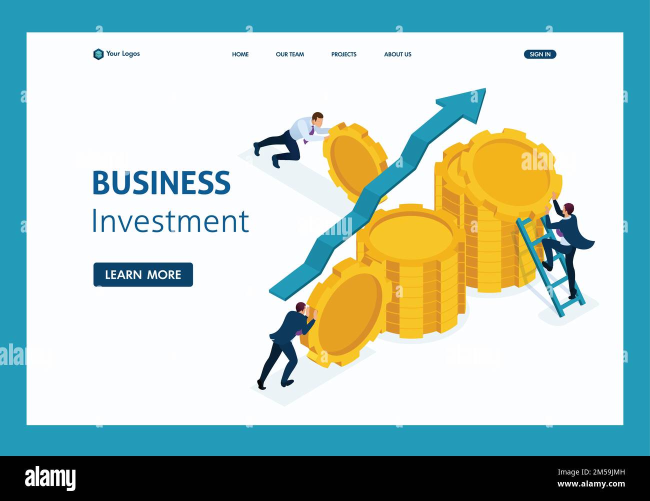 Isométrique investissement dans les affaires dans le développement des affaires, les entrepreneurs créent des économies. Page d'accueil du modèle de site Web. Illustration de Vecteur