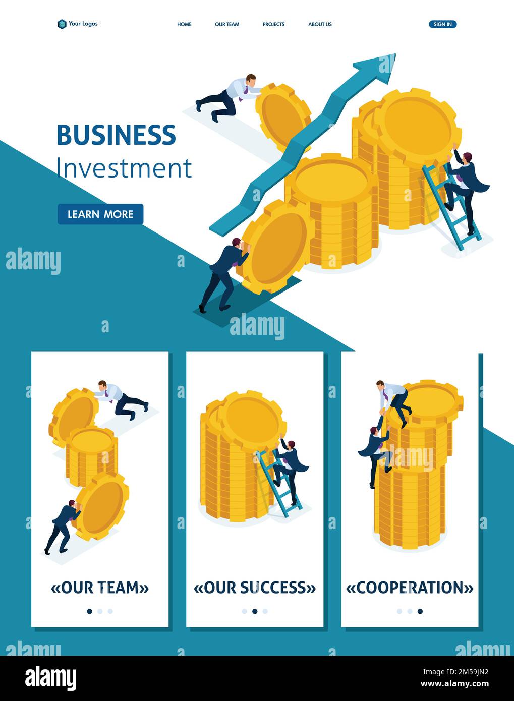 Modèle de site Web isométrique page d'accueil investissement d'affaires dans le développement d'affaires, les entrepreneurs créent des économies. Adaptatif 3D. Illustration de Vecteur