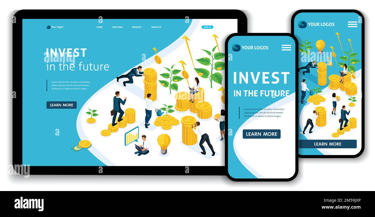 Page d'accueil du site Web investissements de concept Isométrique à l'avenir, les investisseurs portent de l'argent au groupe d'investissement, la croissance des bénéfices. Facile à modifier et à personnaliser Illustration de Vecteur