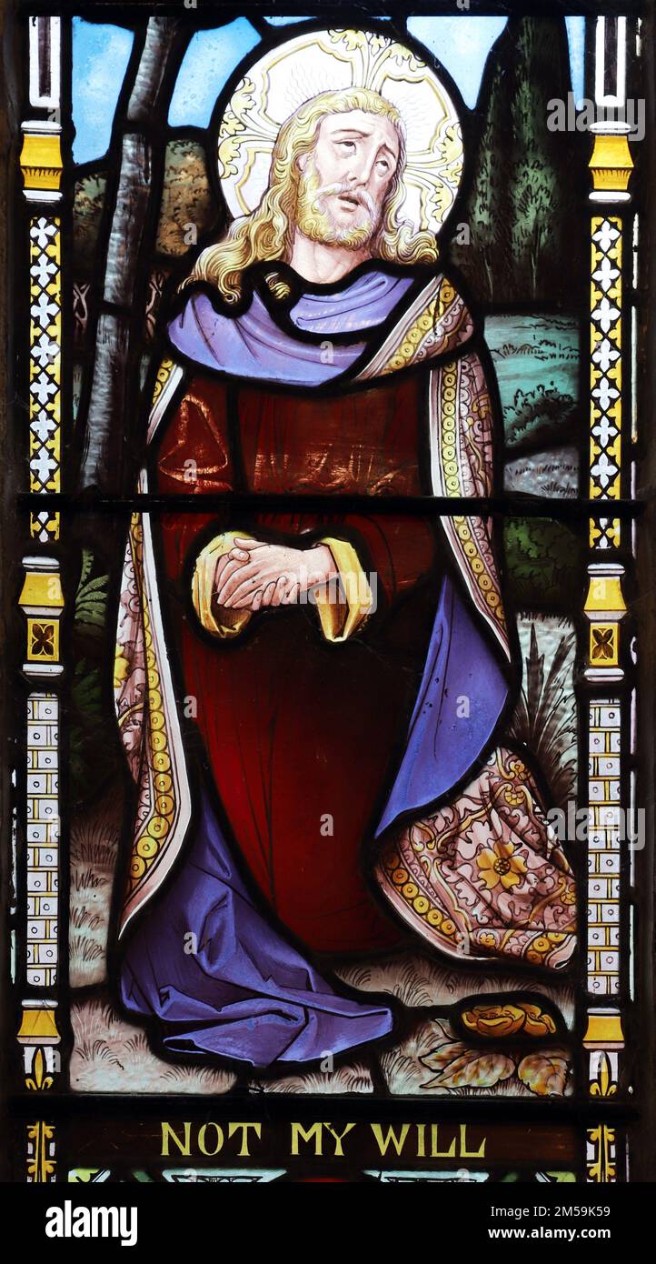 Vitrail d'Edwin Horwood (1834-92) représentant l'agonie du Christ dans le jardin, église St Manaccus & St Dunstan, Manaccan, Cornouailles Banque D'Images