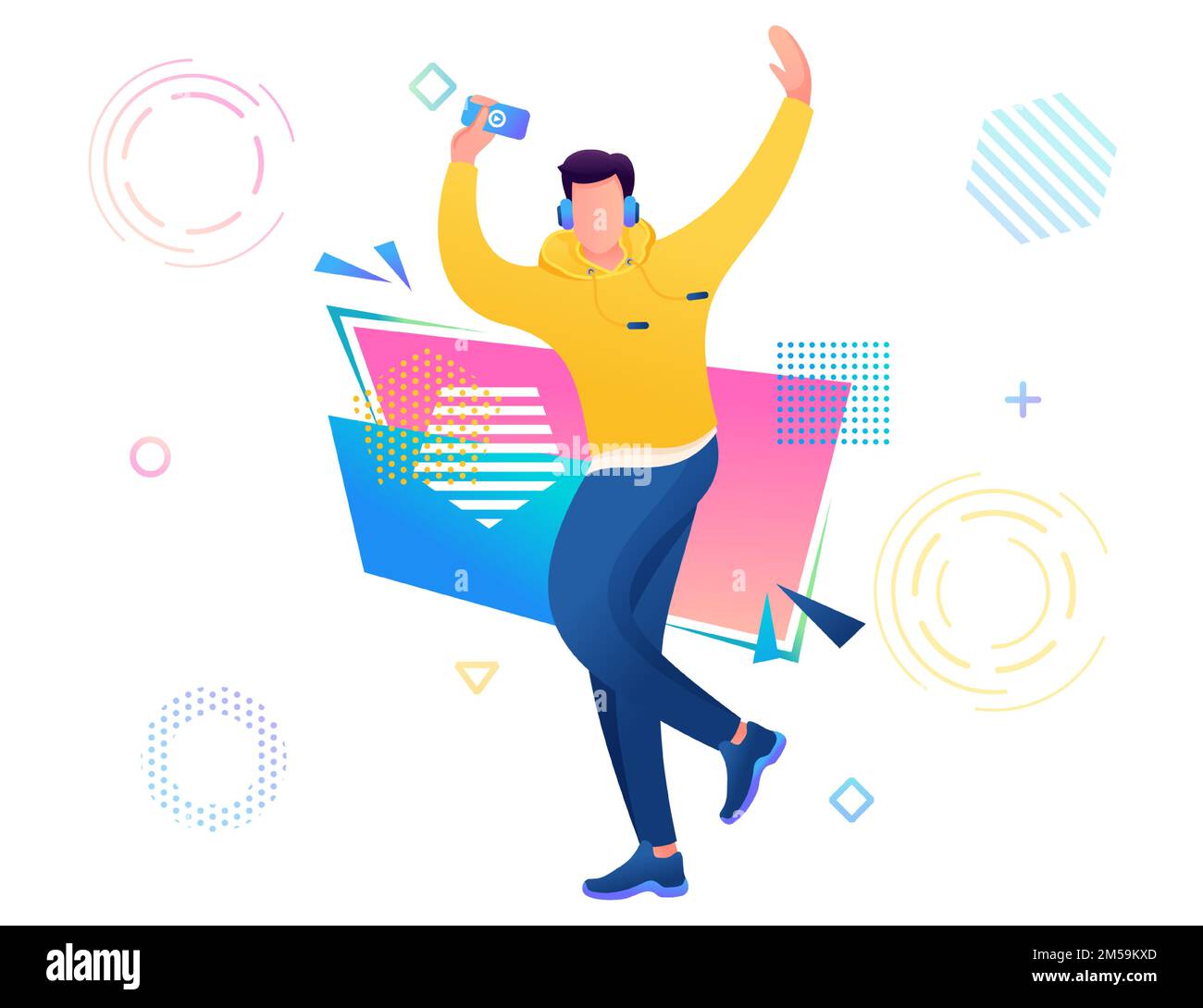 Jeune homme dansant à la musique sur son téléphone. Professeur de danse, tectonique, freestyle, R & B. conception Web pour la formation à la danse. Illustration de Vecteur
