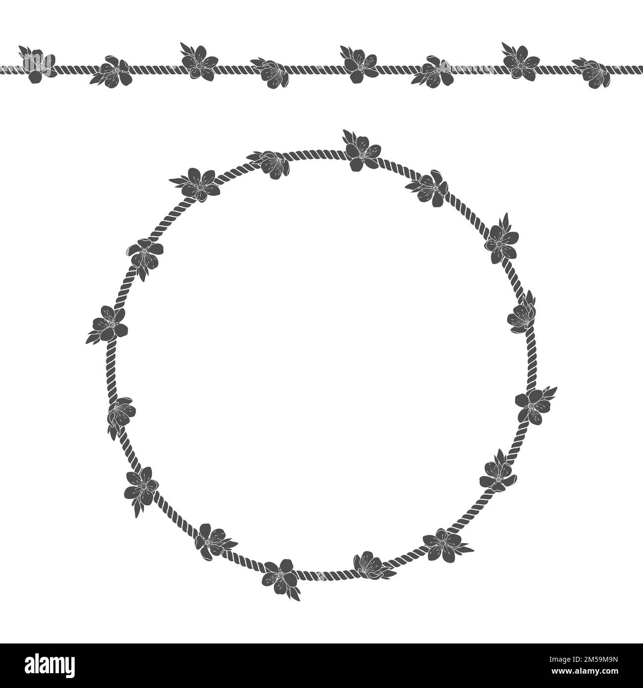 Motif sans couture avec filet de la corde et fleurs printanières. Arrière-plan vectoriel noir et blanc sur blanc. Illustration de Vecteur