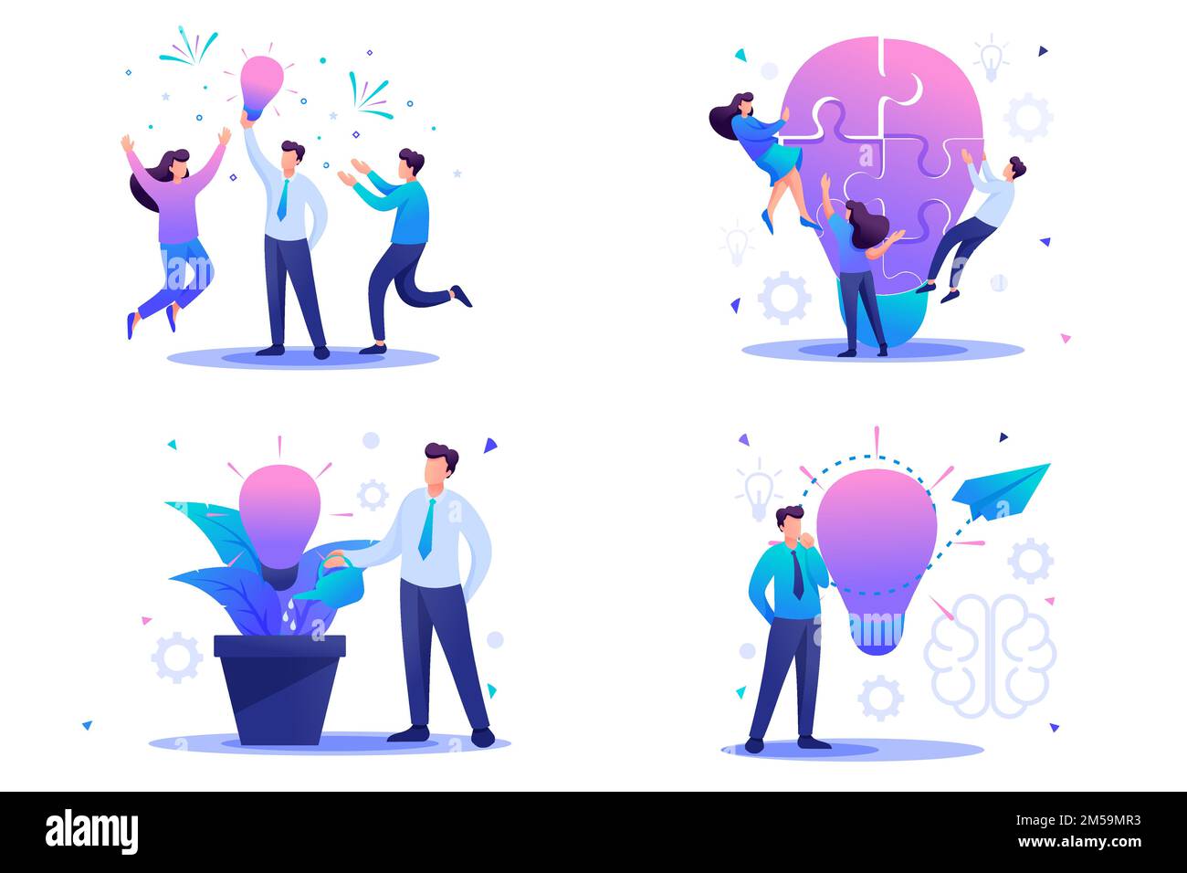 Définir les concepts Flat 2D pour créer de nouvelles idées, démarrage. Faites un brainstorming sur les idées commerciales. Pour le concept de conception de sites Web. Illustration de Vecteur