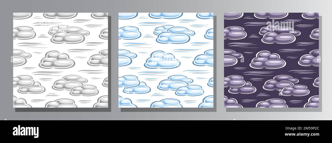 Vector Clouds motifs transparents, ensemble de trois fonds abstraits carrés répétitifs avec illustration de divers nuages flottants sur fond blanc, Illustration de Vecteur