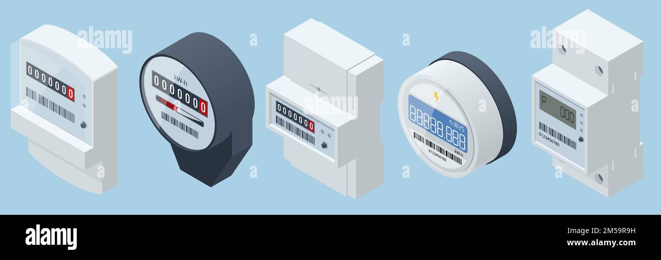 Kilowattmètre électrique isométrique, compteur d'alimentation. Watthour mètre d'électricité pour une utilisation dans les appareils ménagers Illustration de Vecteur