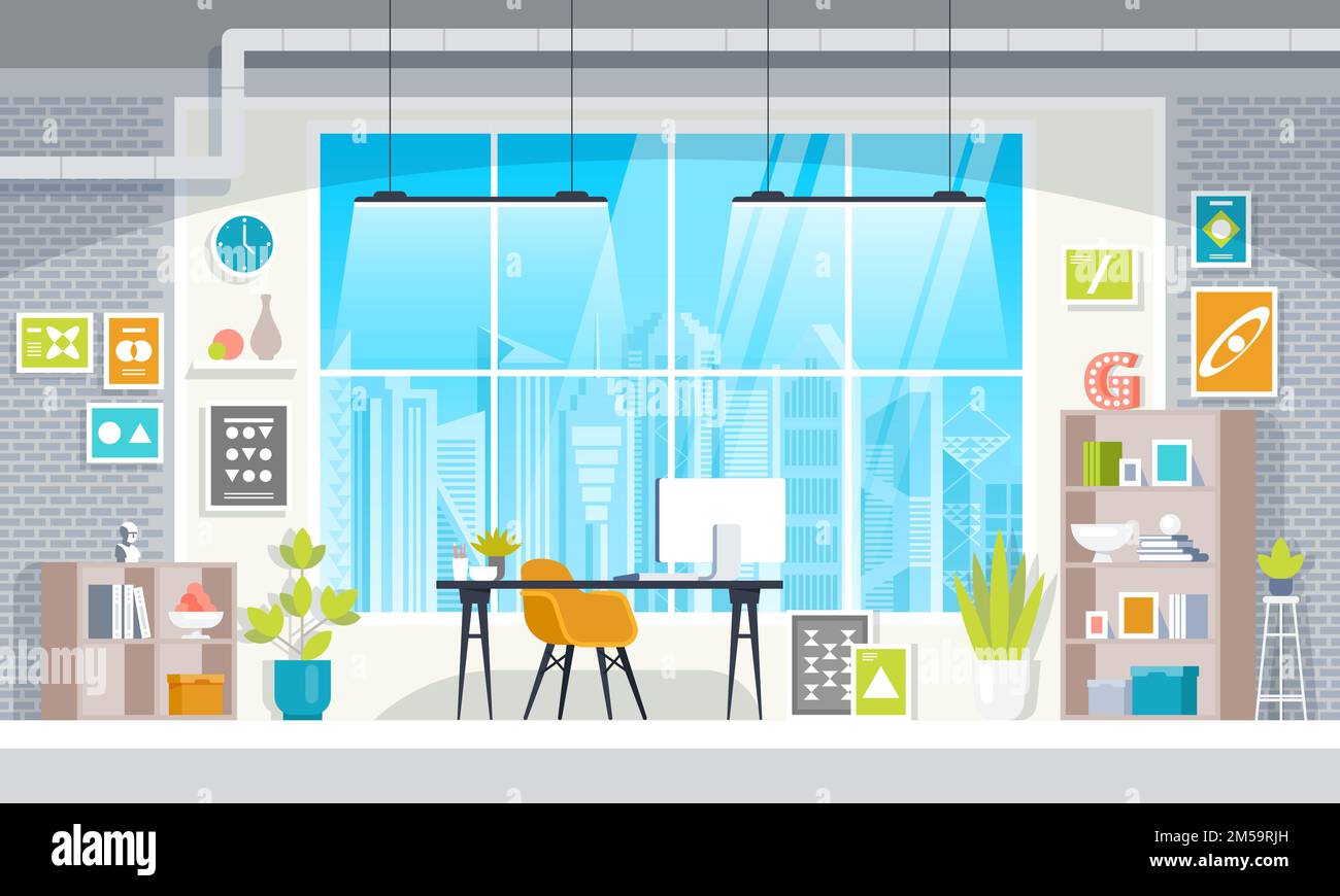 Design plat d'un espace de travail moderne. Espace de travail créatif avec grande fenêtre, bureau, moniteur moderne, mobilier intérieur. Vecteur Ill Illustration de Vecteur Design plat d'un espace de travail moderne. Espace de travail créatif avec grande fenêtre, bureau, moniteur moderne, mobilier intérieur. Vecteur Ill Illustration de Vecteur