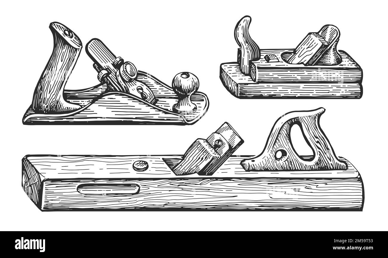 Plane l'ancien outil de jointer en bois. Équipement de menuiserie rétro isolé. Illustration vintage d'esquisse dessinée à la main Banque D'Images