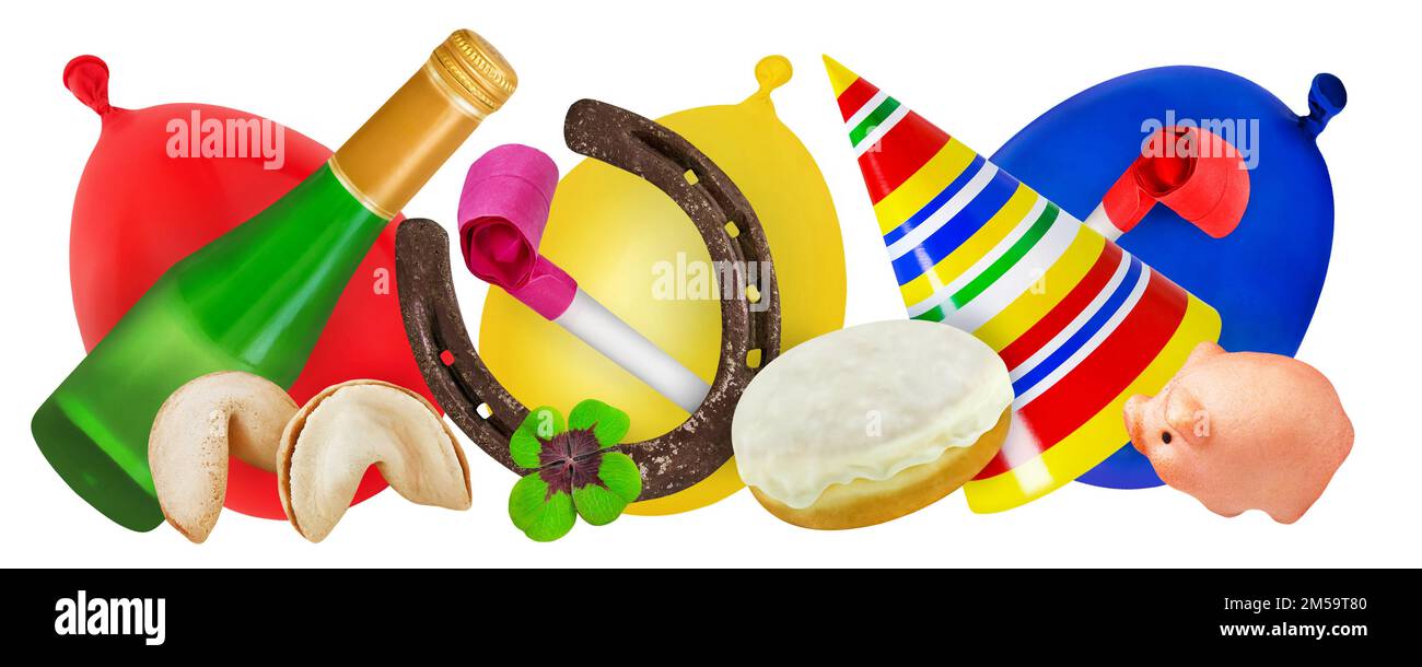 Différentes décorations de fête colorées avec champagne, ballons, fer à cheval et trèfle isolés sur fond blanc Banque D'Images