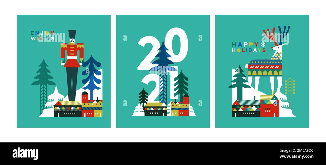 Ensemble de cartes de vœux pour le nouvel an 2021. Collection moderne d'illustrations géométriques plates de style scandinave. Ville d'hiver avec forêt de pins, dee Illustration de Vecteur