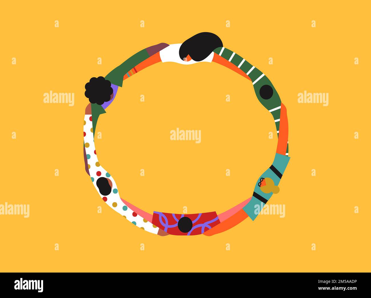 Cercle de hug de groupe d'amis coloré, illustration moderne de dessin animé plat dans un style géométrique abstrait. Des personnes diverses qui s'unissent pour travailler en équipe o Illustration de Vecteur