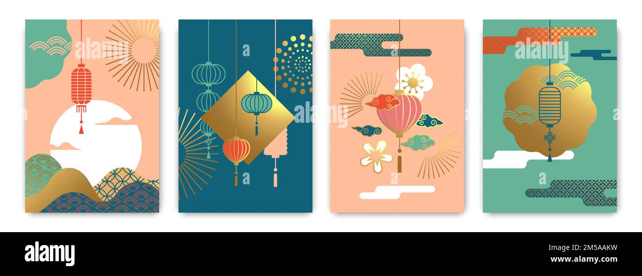 Ensemble de modèles de fond de fête asiatique colorés. Illustration dorée de luxe avec lanterne chinoise traditionnelle, feu d'artifice et paysage minimaliste. Menton Illustration de Vecteur