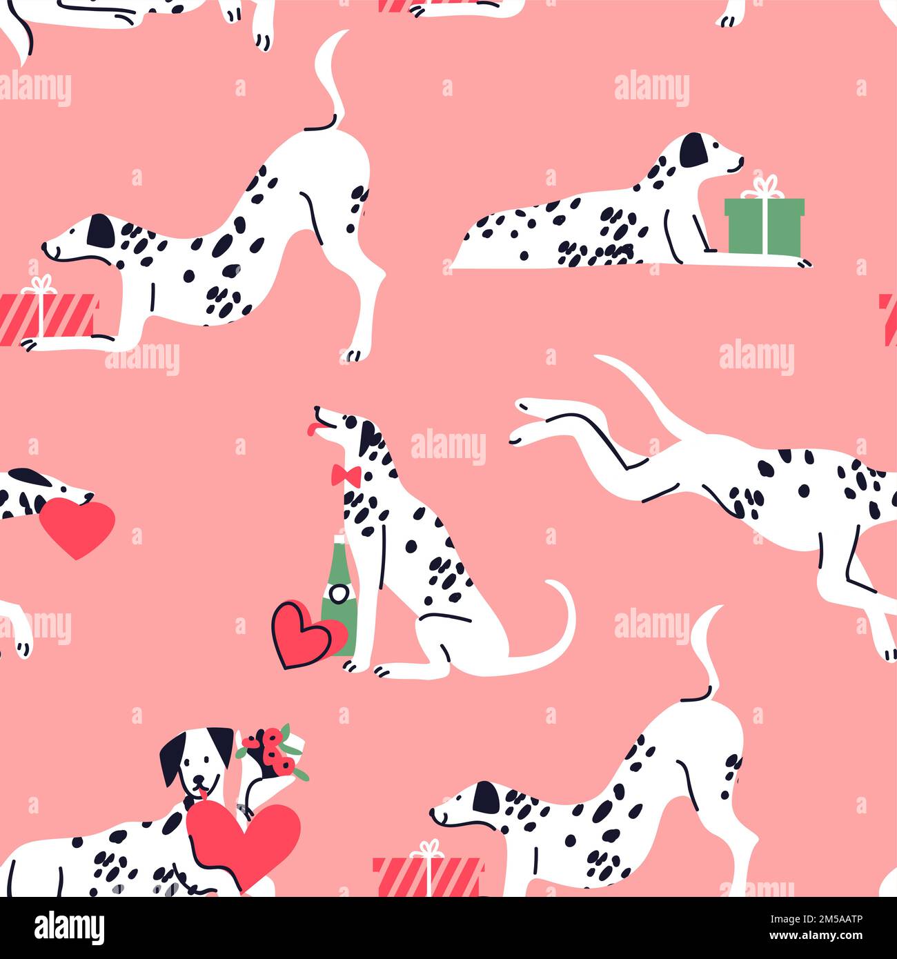 Joli motif de dessin animé pour chien dalmatien sans couture. Chiot avec cadeaux de jour de Saint Valentin, fond de doodle dessiné à la main pour l'imprimé de vacances ou le concept d'amour. Adorable Illustration de Vecteur