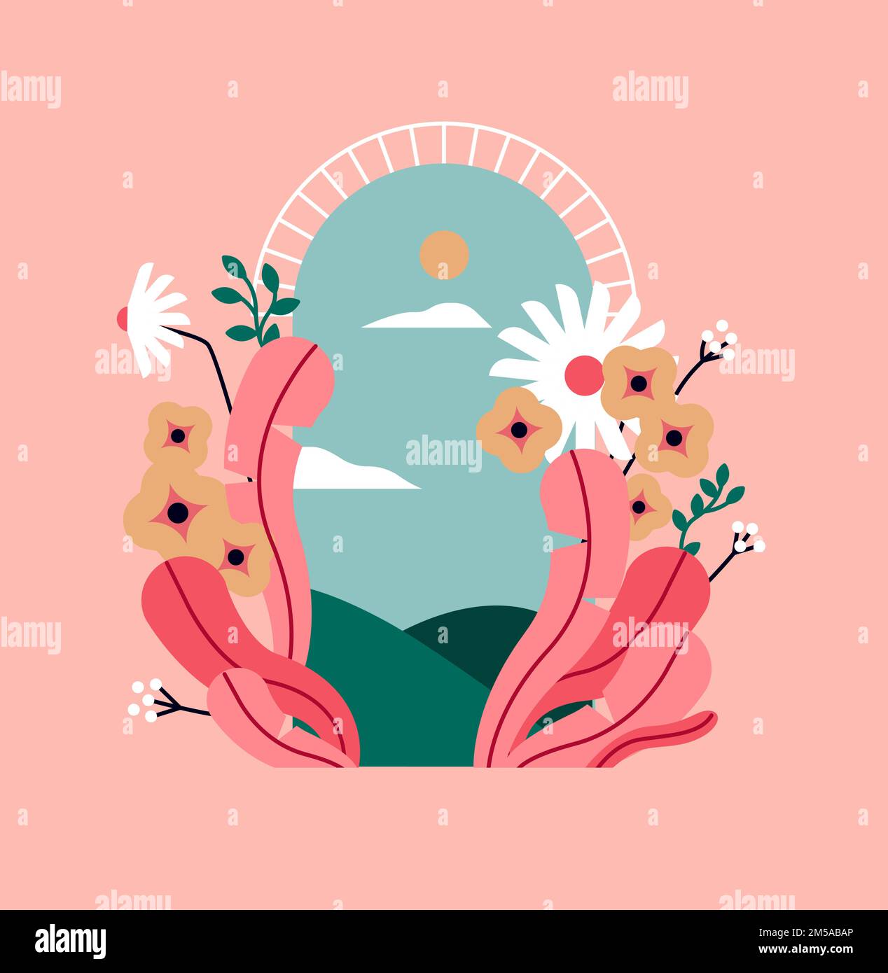 Magnifiques fleurs printanières avec cadre de porte ouverte, illustration de fond paysage de nature. Scène de fenêtre d'espace de copie vide. Concept de couleur rose rêveuse. Illustration de Vecteur