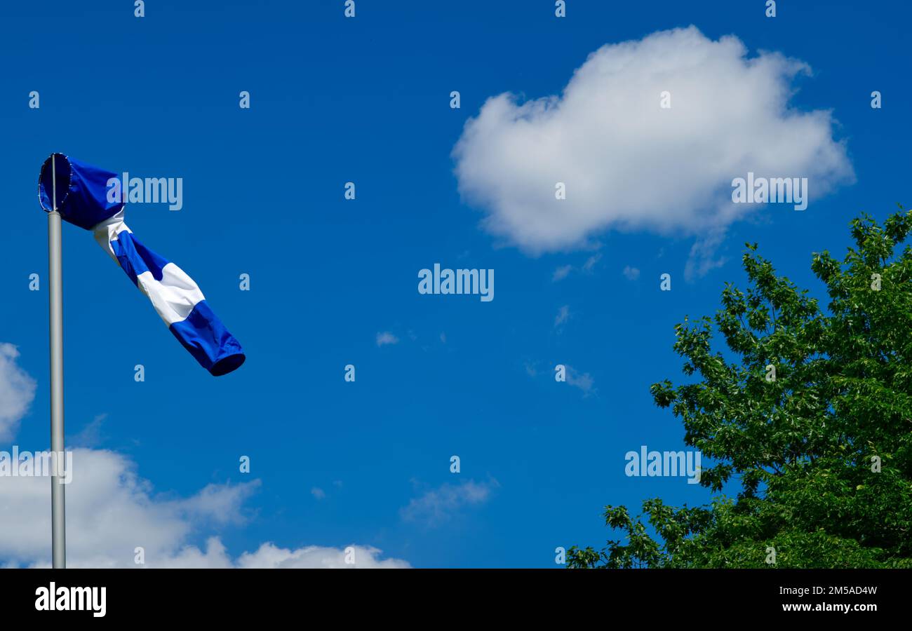 Une paire de voiles à rayures bleues et blanches sur le côté gauche et un nuage blanc avec une couronne verte d'un arbre sur le côté droit contre un ciel bleu clair Banque D'Images