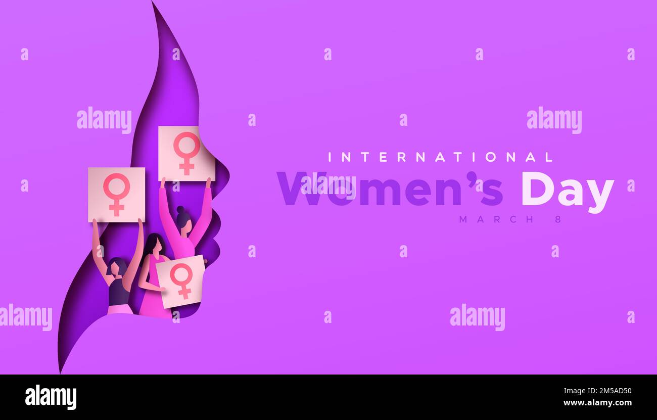 Carte de vœux Happy Women's Day illustration du visage et des filles en 3D taillé de papier lors d'une manifestation féminine ou d'un événement de droits des femmes. Découpe rose avec papier artisanal actif Illustration de Vecteur