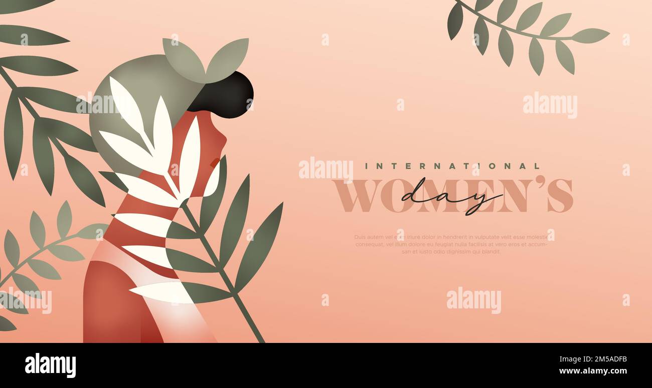 Illustration du modèle Web de la Journée des femmes heureuses. Visage de femme noire avec feuille de plante tropicale. Design moderne et minimaliste pour les femmes du monde entier en mars 8 Illustration de Vecteur