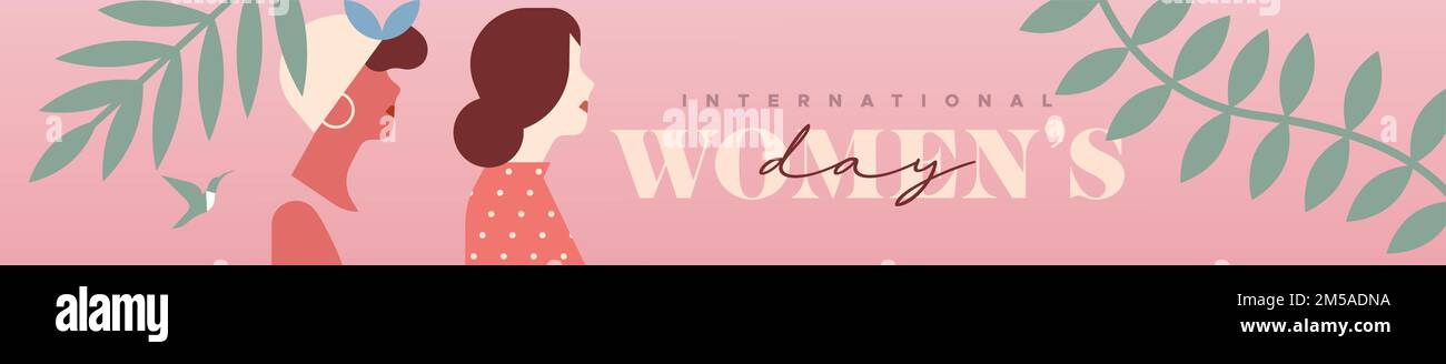 Happy Women's Day web bannière illustration, belles femmes visages avec feuille de plante tropicale et décoration rose pour l'événement de mars 8. Dessin animé plat tendance h Illustration de Vecteur