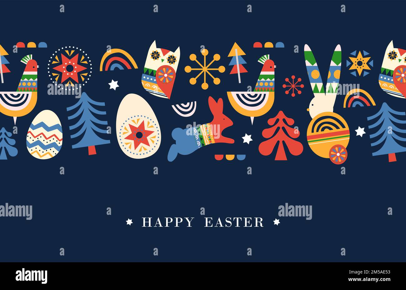Carte de vœux de Pâques joyeuse illustration de l'art populaire coloré lapin animal et la décoration des oeufs de la saison des fêtes. Célébration religieuse traditionnelle Illustration de Vecteur