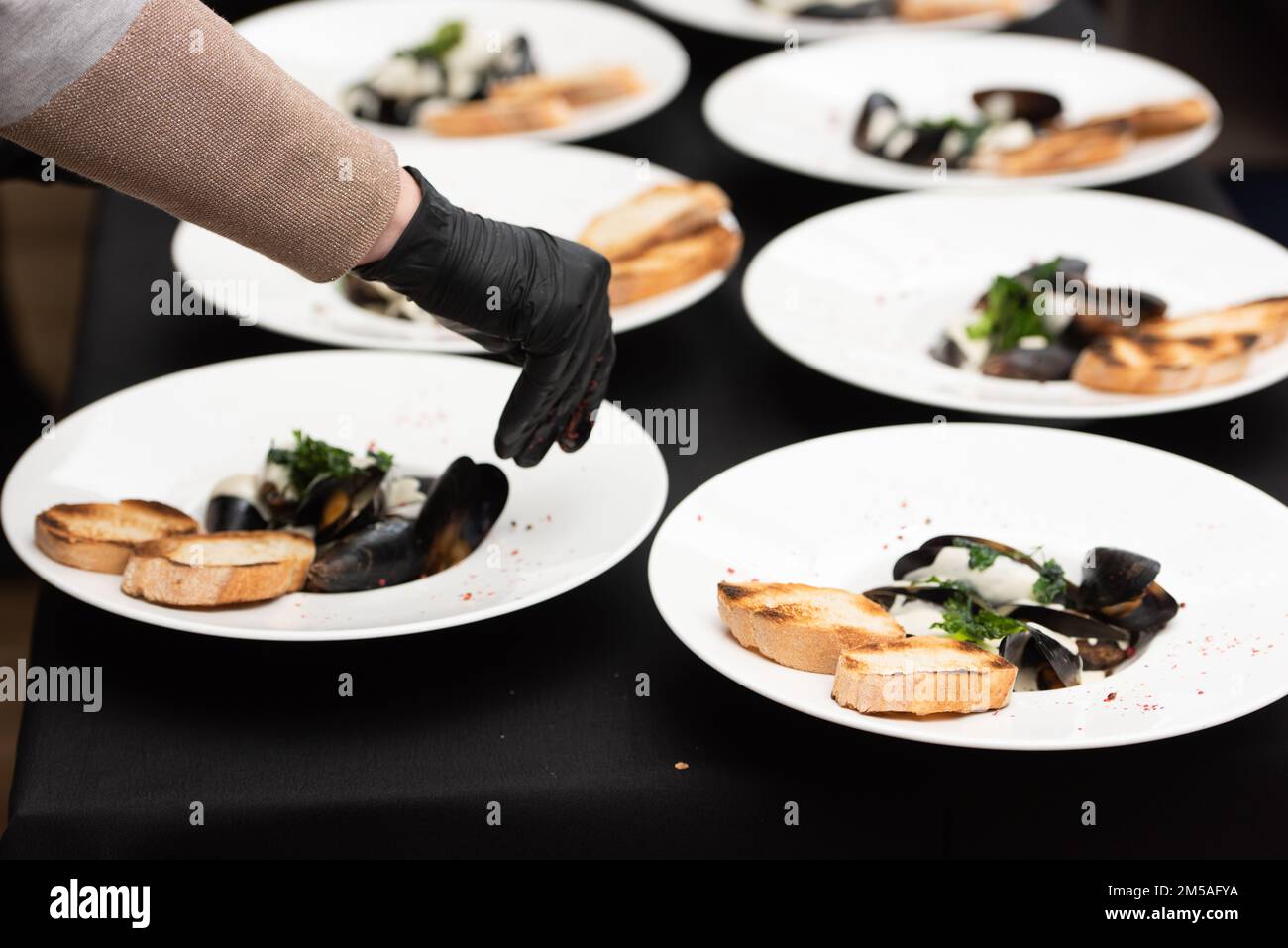 chef servant des moules dans une sauce au vin blanc et des toasts de pain blanc Banque D'Images