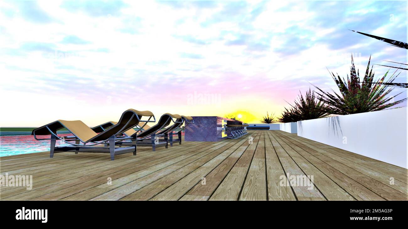 Vue depuis la terrasse avec terrasse en bois au soleil levant. Coin salon confortable avec chaises longues près de la piscine. 3d rendu. Banque D'Images