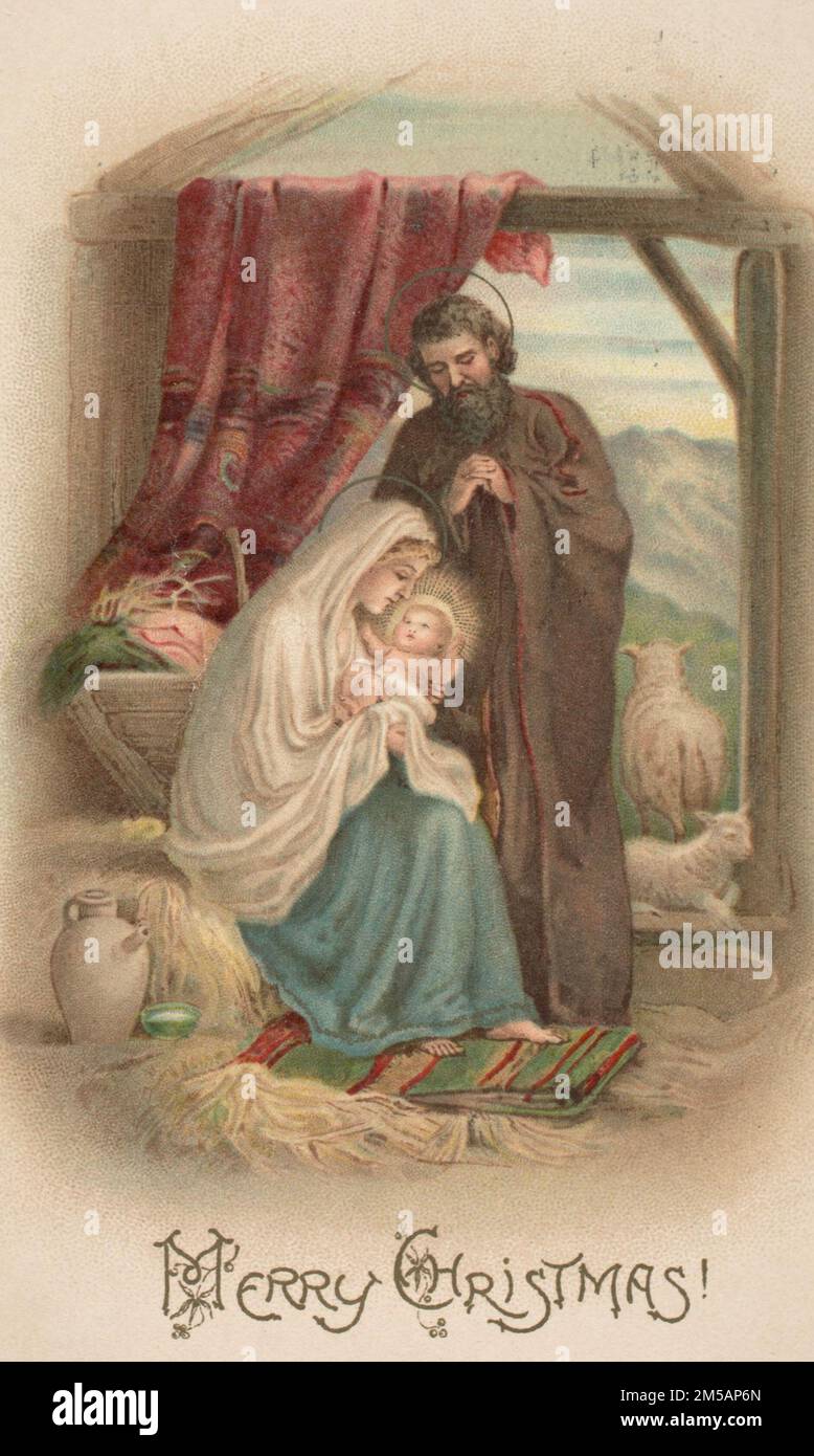 Carte postale de la Sainte famille. Mère Marie, Saint Joseph et Jésus-Christ Banque D'Images