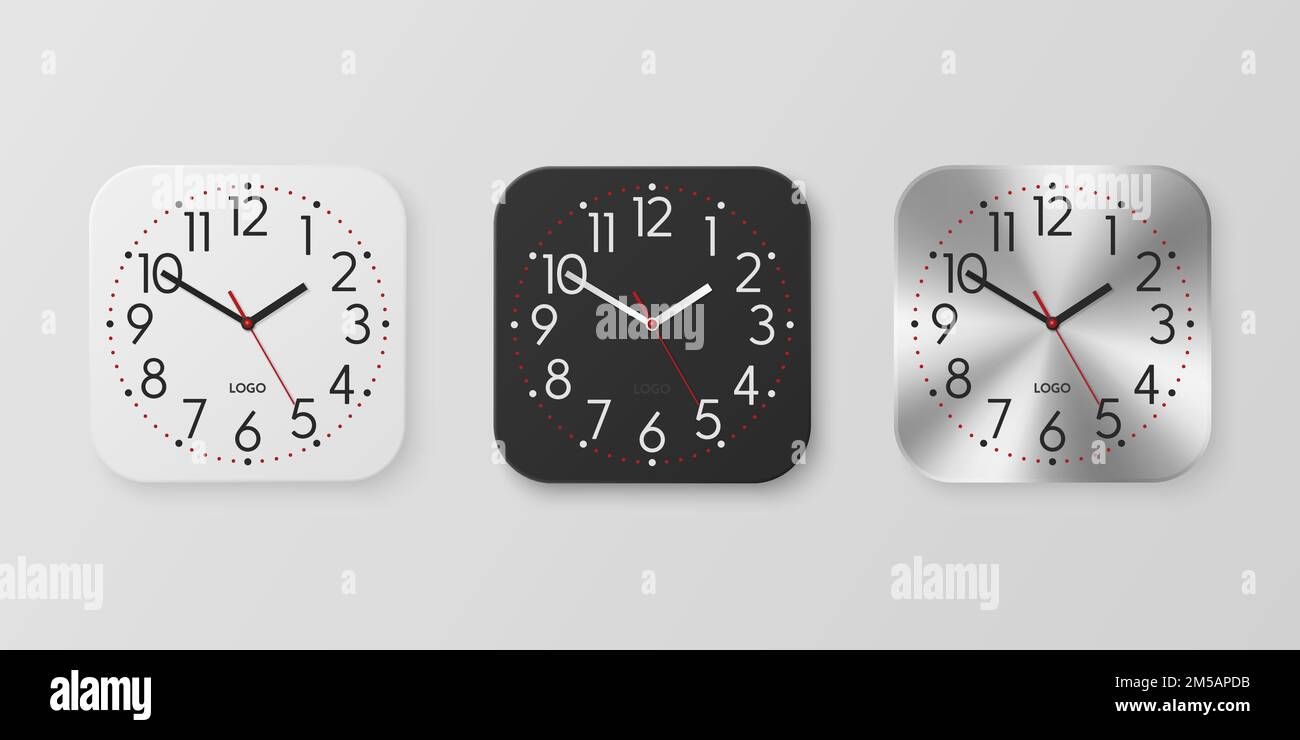 Vector 3D Realistic White, Black, Silver Square Wall Office Clock Icon Set, Design Template Isolated. Cadran, maquette d'horloge murale pour marquage et Illustration de Vecteur