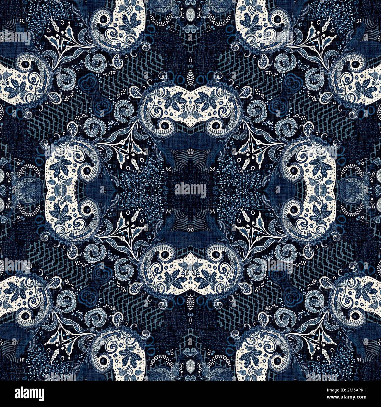 Toile de fond rétro en tissu à motifs indigo floral bandana 2 tons. Denim bleu boho sans couture. Papier peint masculin de mode. Banque D'Images