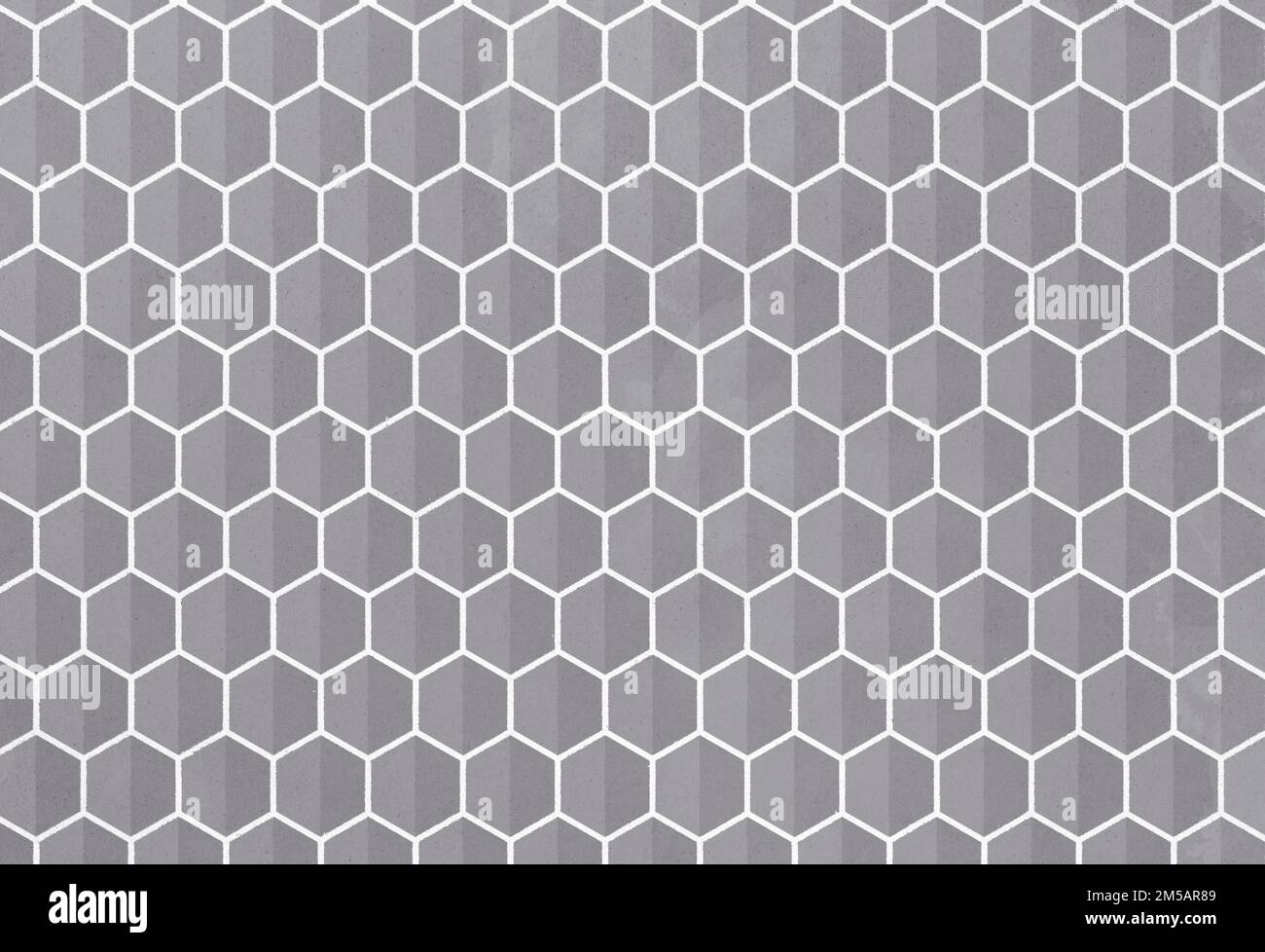 Cube gris 3D ou forme hexagonale sur fond papier texturé blanc. Arrière-plan granuleux abstrait plein format haute résolution avec motif géométrique. Banque D'Images