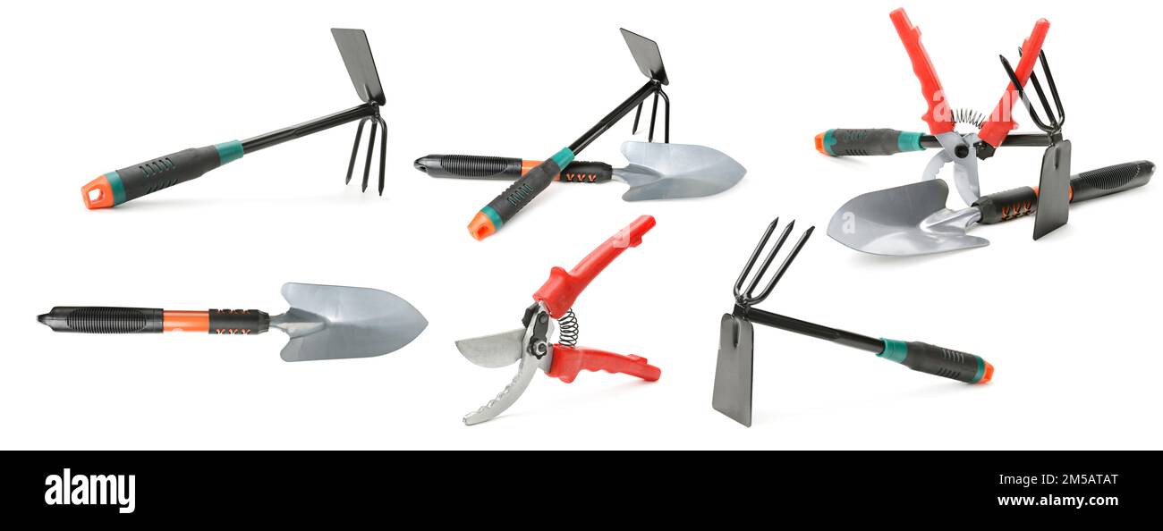 Variété d'outils de jardin isolé sur fond blanc Banque D'Images
