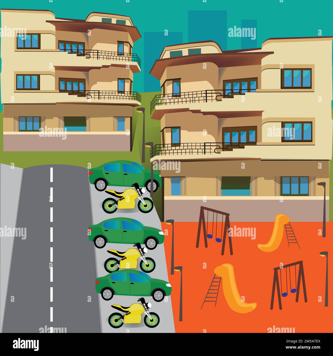 Deux bâtiments avec en fond urbain, place de parking et une aire de jeux pour enfants ; vector illustration Illustration de Vecteur