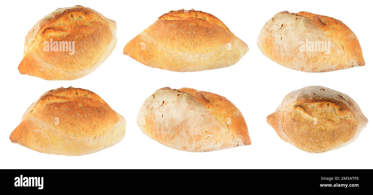 Délicieux pain blanc avec croûte isolée sur fond blanc. Angles différents. Banque D'Images