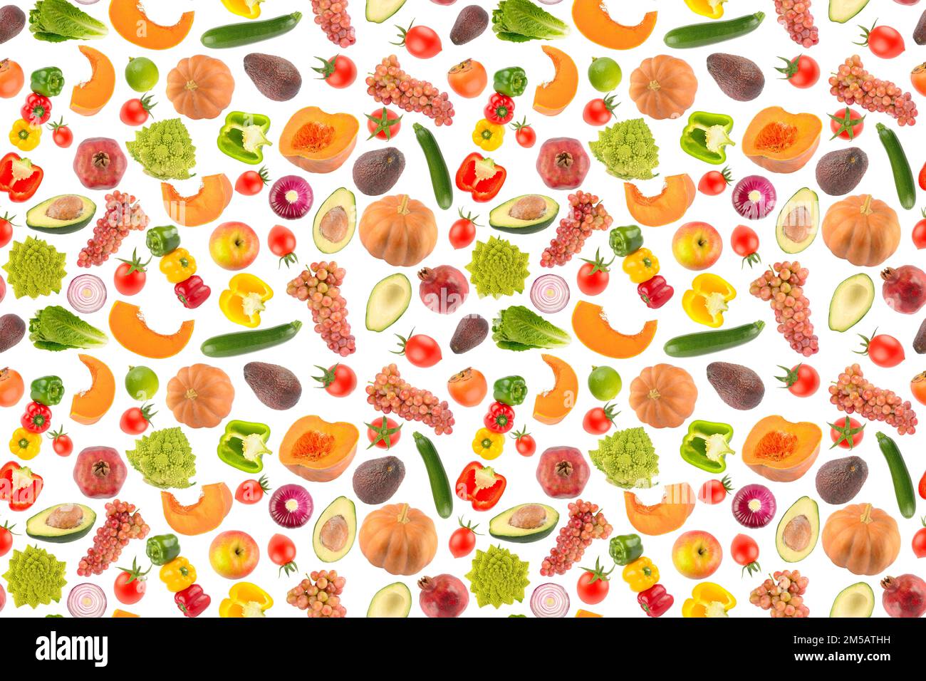 Motif sans couture de fruits et légumes de grande taille, isolé sur fond blanc. Texture des aliments. Banque D'Images
