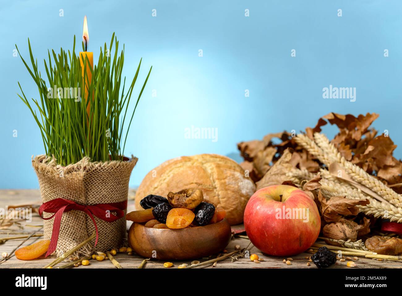 Cuisine traditionnelle pour la veille de Noël orthodoxe.Yule log ou badnjak, pommes, pain, céréales, fruits secs et une bougie en feu de blé vert sur un bois Banque D'Images