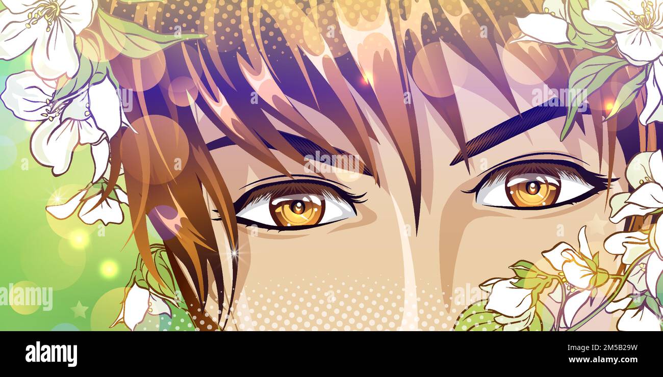 Les yeux bruns d'un jeune homme avec des fleurs. Illustration de Vecteur