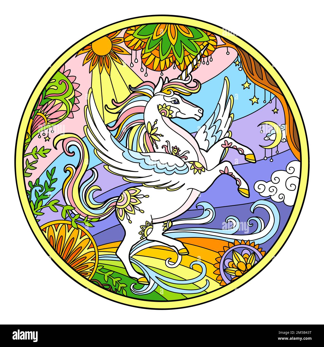 Licorne avec ailes en forme de cadre de fleur rond. Photo couleur avec cheval fantaisie dessiné dans le style enchevêtrement. Dessin d'esquisse à main levée anticontrainte. Vecteur Ill Illustration de Vecteur