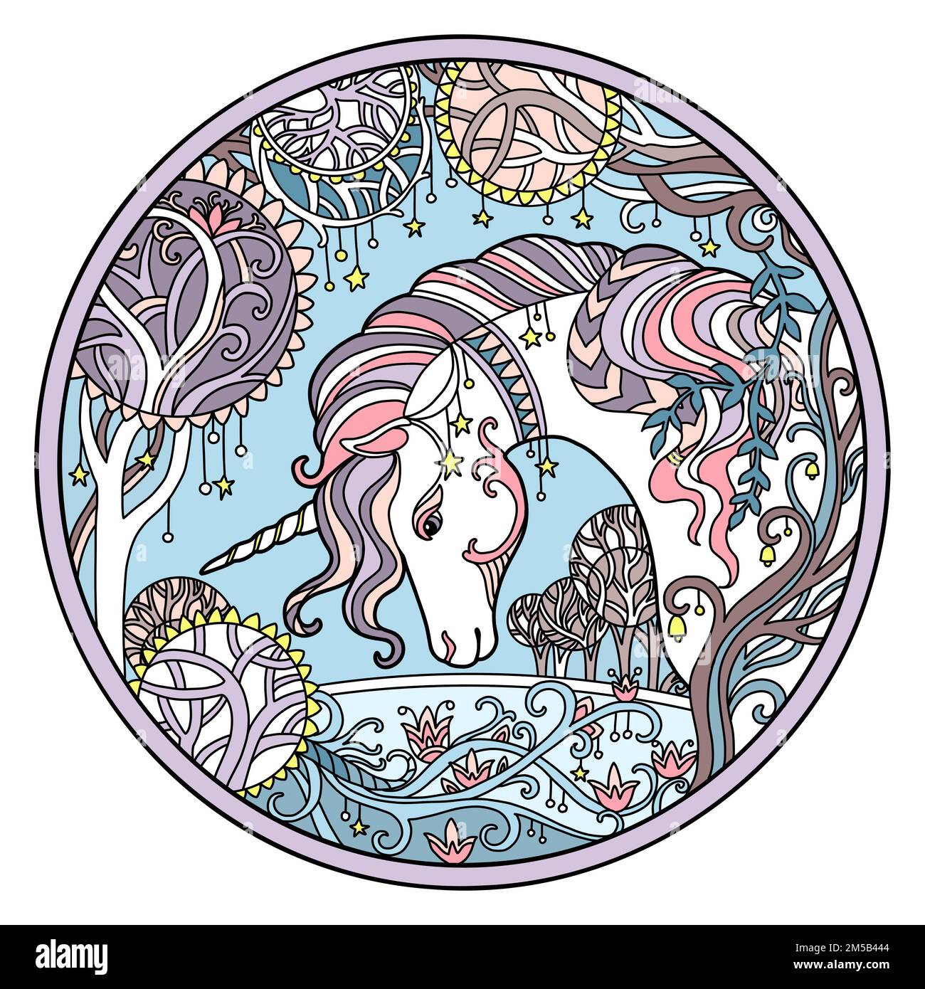 licorne d'hiver en forme de cadre de fleur rond. Photo couleur avec cheval fantaisie dessiné dans le style enchevêtrement. Dessin d'esquisse à main levée anticontrainte. Illustration vectorielle Illustration de Vecteur