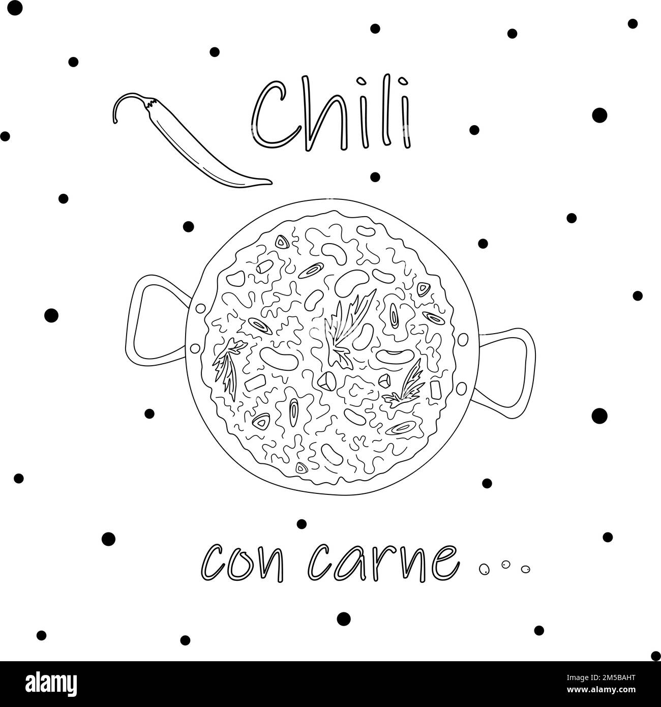 Chili con carne dans une casserole profonde avec sans poignée sur le fond de l'inscription et un piment. Style Doodle. Isoler. Cuisine latino-américaine. Idéal pour les affiches, les bannières, les menus, les étiquettes ou les cartes. EPS Illustration de Vecteur