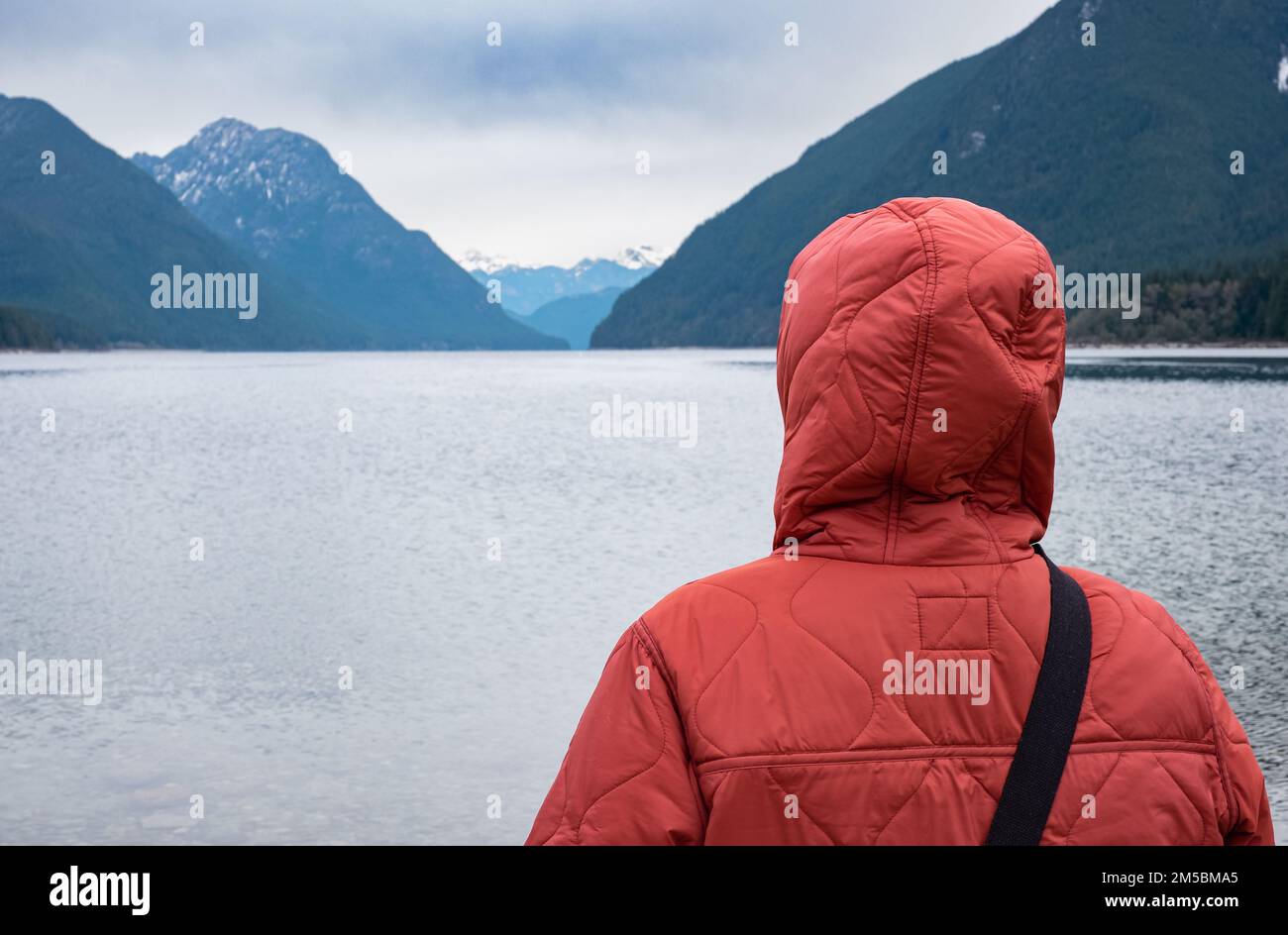 Femme debout en arrière et regardant le lac magique dans le paysage montagneux de pays. Personne dans un manteau d'hiver debout près d'un lac de montagne en hiver. Copier Banque D'Images