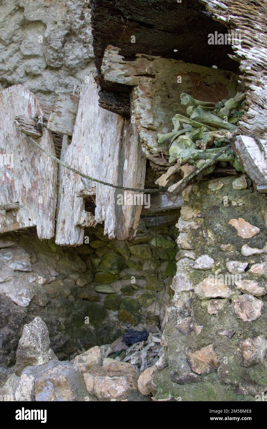 Les tombes en bois placées dans et autour de la grotte font partie des coutumes du peuple Toraja, Sulawesi du Sud, Indonésie. Banque D'Images