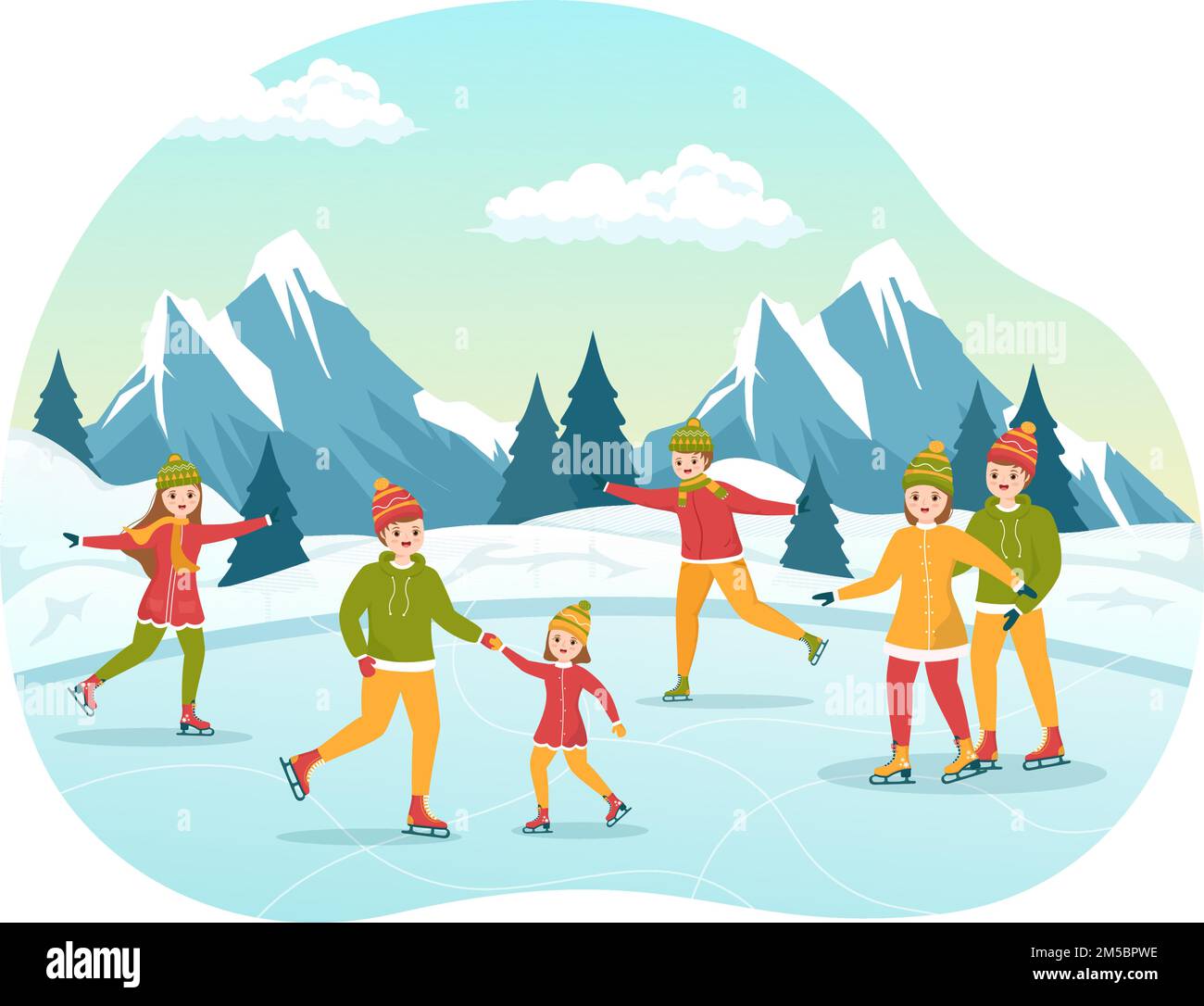 Hommes, femmes et enfants Patinage sur glace Rink portant des vêtements d'hiver pour l'activité de plein air sur un dessin animé à la main dessins à la main Illustration Illustration de Vecteur