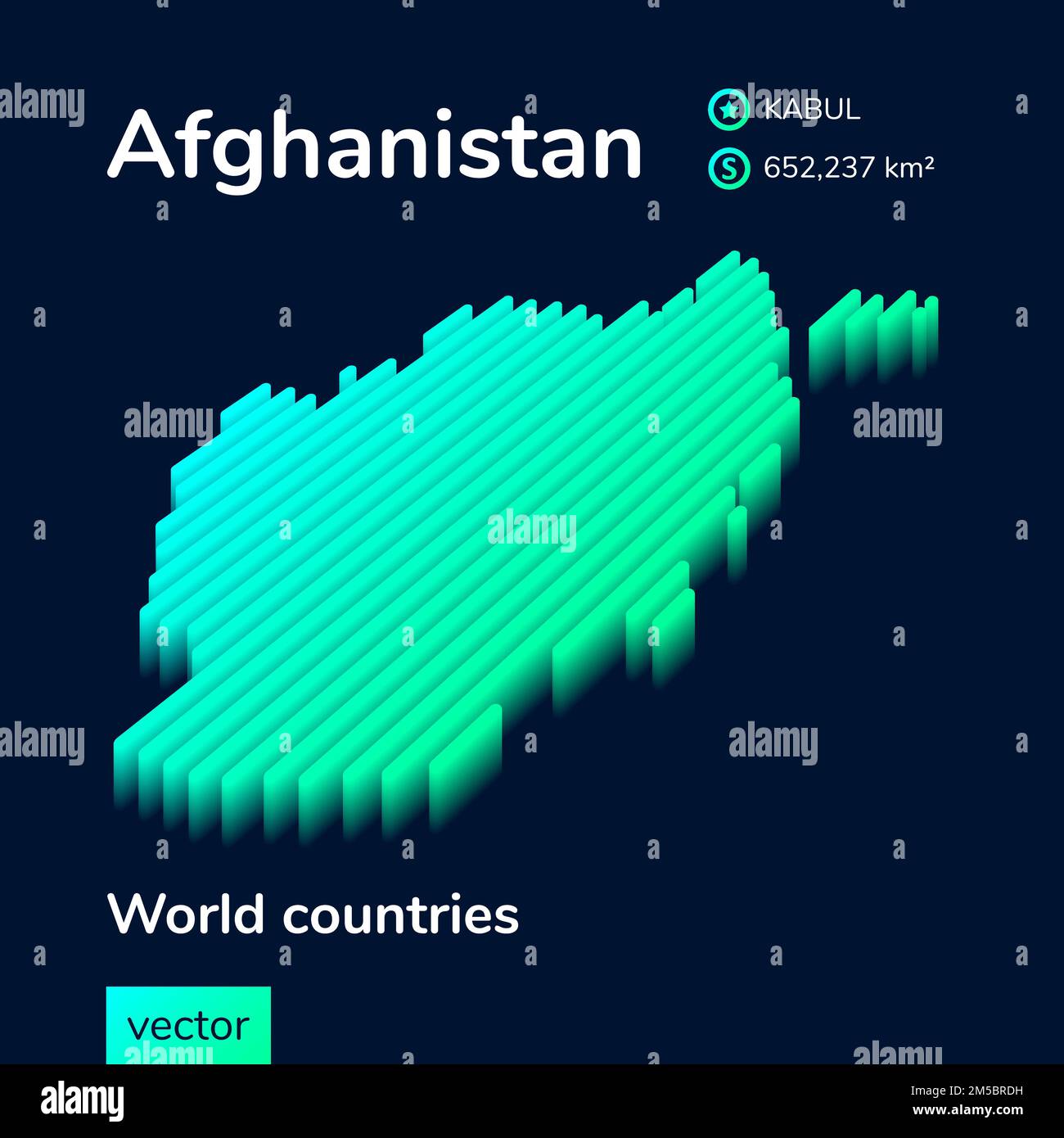 Afghanistan 3D carte. Carte vectorielle isométrique au néon stylisée à rayures en vert et en menthe sur fond bleu foncé Illustration de Vecteur