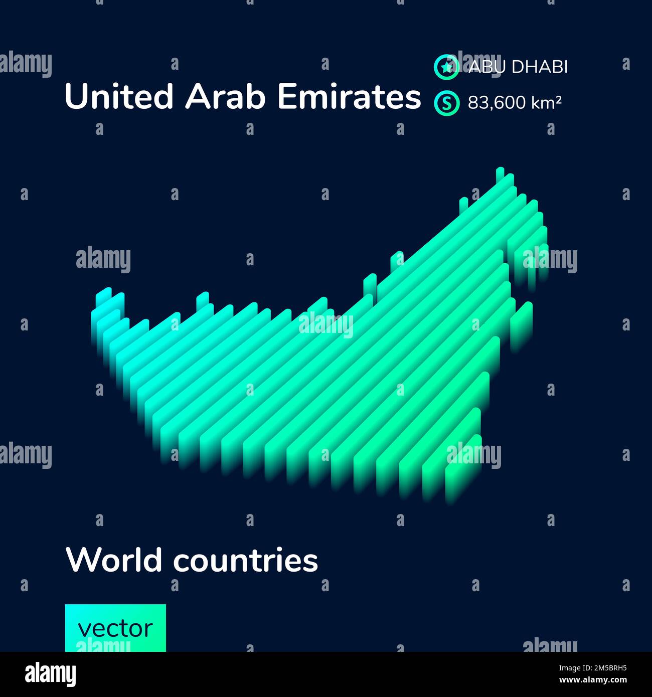 Carte isométrique stylisée numérique à vecteur rayé néon des Émirats arabes Unis avec effet 3D. La carte des Émirats de rab est en vert et en couleurs menthe sur le Illustration de Vecteur