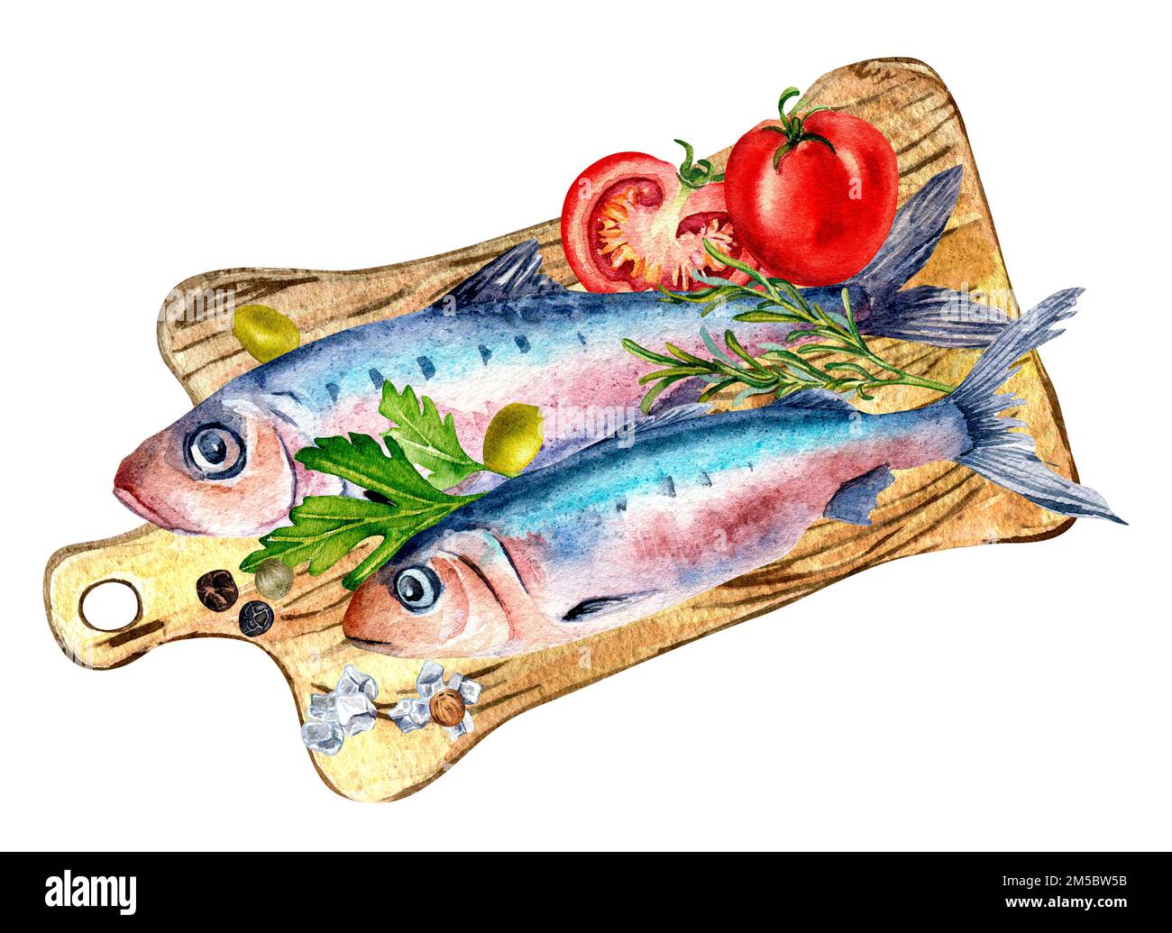 Composition de sardines et tomates aquarelle illustration isolée sur blanc. Poisson frais de l'Atlantique, herbes, planche à découper en bois dessinées à la main. Design elem Banque D'Images