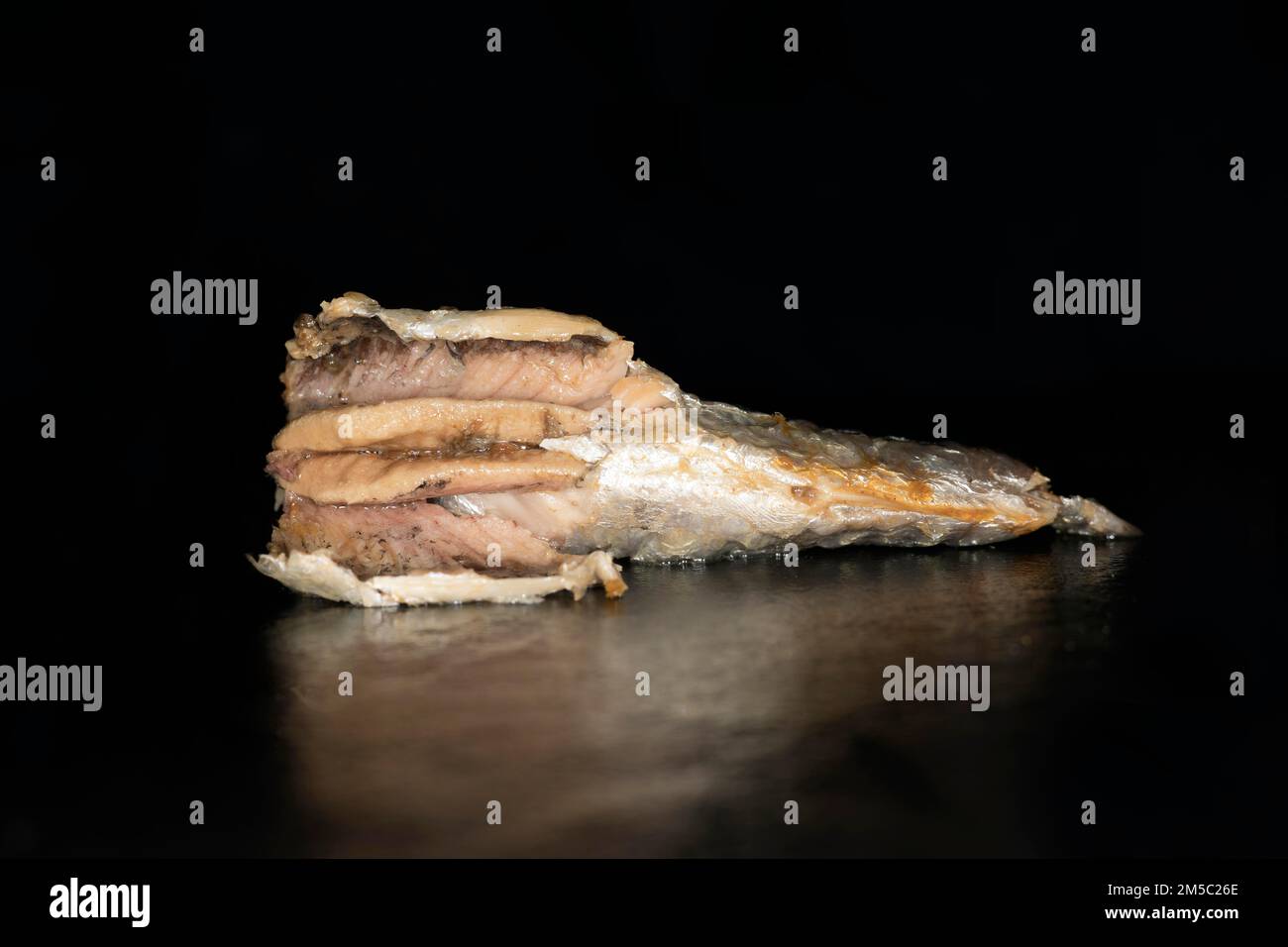 Une sardine espagnole cueillie dans l'huile, photographie de nourriture avec un fond noir Banque D'Images