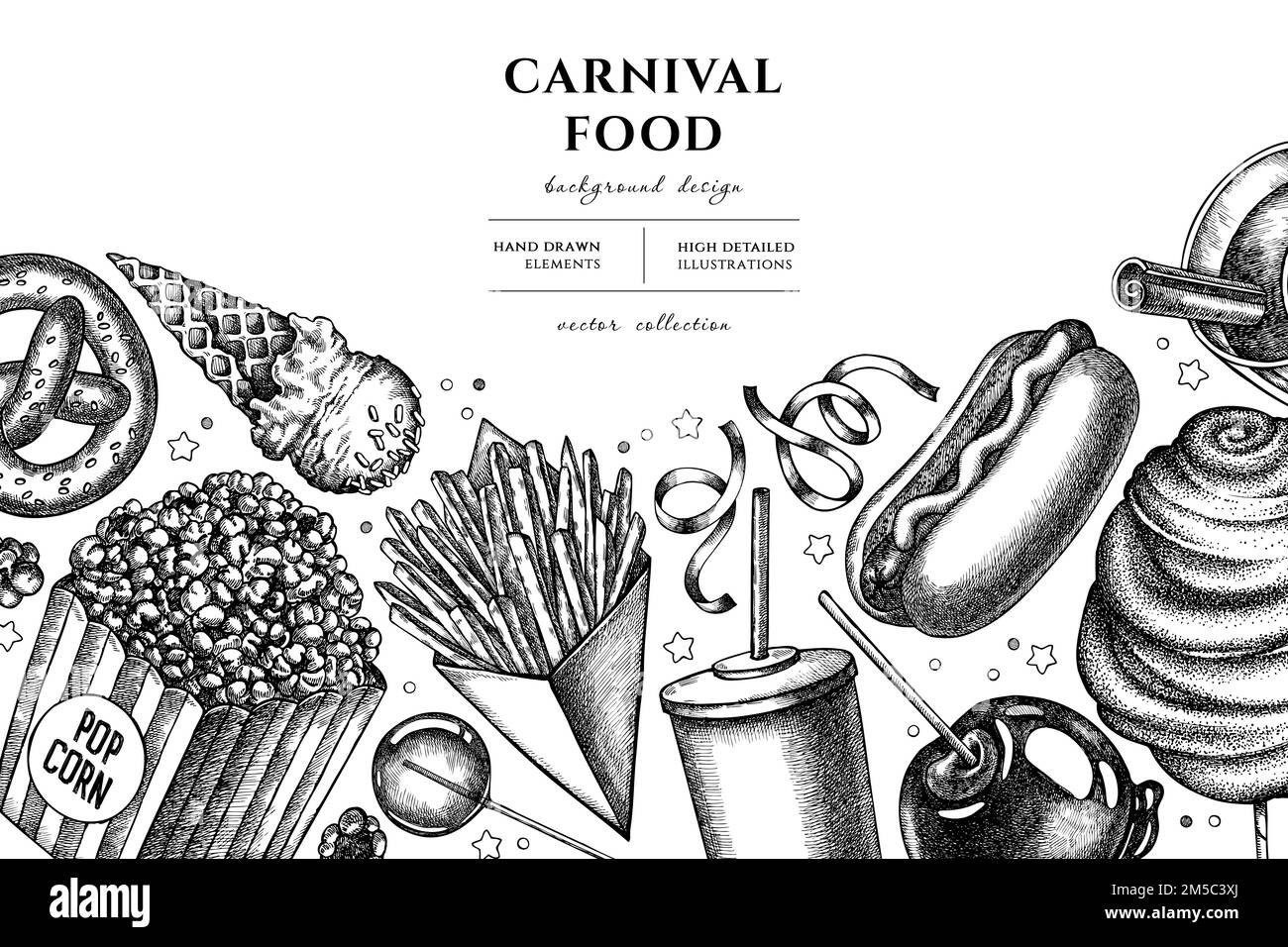 Dessin d'illustration de Carnival Food dessiné à la main. Arrière-plan avec frites, bretzel, pop-corn, limonade, hot dog, vin chaud, pomme caramel Illustration de Vecteur