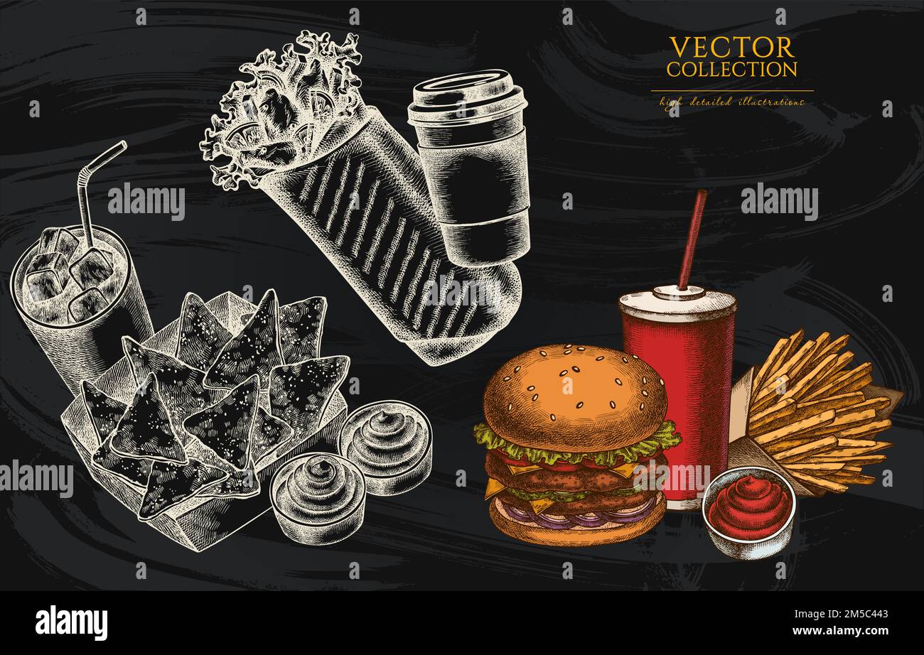 Collection d'illustrations vintage Street Food. Logos dessinés à la main avec sauces, nachos, soda, hamburger, shawarma, frites, gobelet en papier. Illustration de Vecteur
