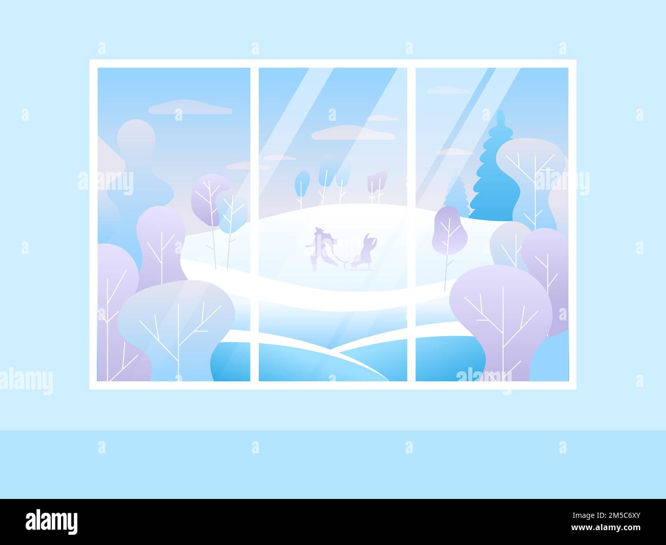 Hiver Merry Christmas fenêtre avec vue sur la forêt enneigée. Vacances paysage d'hiver. Arrière-plan du vecteur de la nouvelle année. Illustration de Vecteur