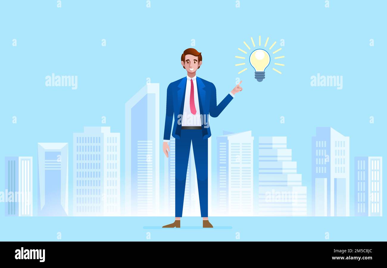 Concept d'idée créative homme d'affaires debout en face du paysage urbain avec ampoule illustration vectorielle Illustration de Vecteur